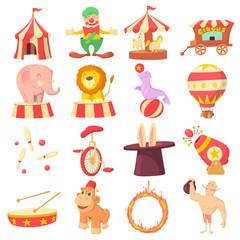 Circus icons set. Cartoon illustration of 16 circus vector icons for web