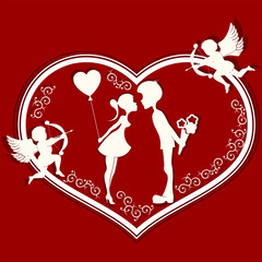 Heart with a romantic couple and Cupid