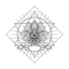 Vector ornamental Lotus flower, sacred geometry, eye. Hand drawn