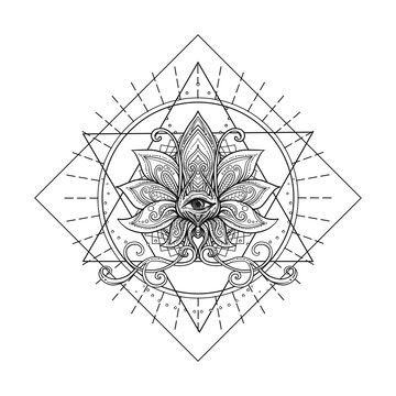 Vector ornamental Lotus flower, sacred geometry, eye. Hand drawn