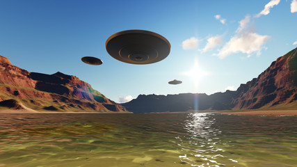 3D UFO over the mountains lake in the clouds