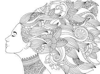Vector hand drawn illustration woman with floral hair for adult coloring book. Freehand sketch for adult anti stress coloring book page with doodle and zentangle elements.