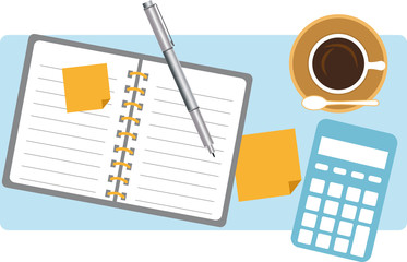 Mesa vista de cima com café e uma calculadora