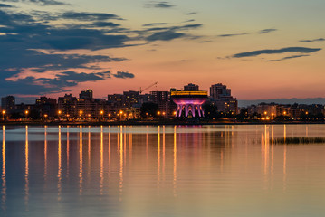 Beautiful night view of the embankment of the river Kazanka, Kazan, Tatarstan, Russia