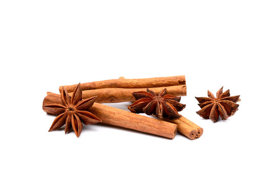 Aromatic star anise and cinnamon isolated on white background
