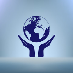 Flat paper cut style icon of two hands holding Earth