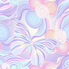 Seamless pattern with traditional Japanese motifs, butterflies,