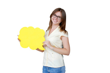Beautiful girl in glasses holding a yellow plate in hand on an isolated background.Businesswoman showing blank banner for inscriptions, close-up isolated on a white background.