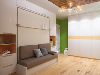 3d illustration of interior design living room with bed wardrobe. Interior is made in modern minimalist style