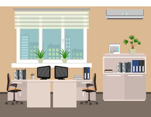 Office room interior including two work spaces with cityscape outside window.