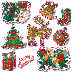 fashion patches with Christmas symbols: deer, bell, ball, fir-tr