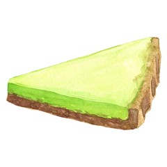 Hand drawn watercolor delicious lime tart piece vector illustration, isolated on white background. 
