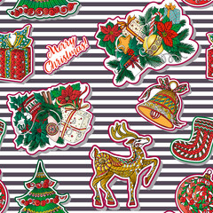 Fototapeta na wymiar fashion patches with Christmas symbols: deer, bell, ball, fir-tr
