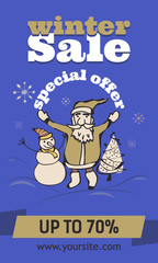 Blue web banner for internet special offer winter sale with santa, snowman, tree