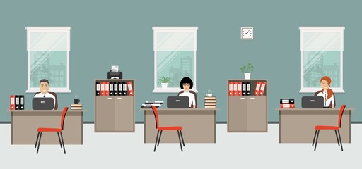 Web banner of three office workers. The young women and man is an employees at work. There is furniture in beige color and red chairs on a blue background in the picture. Vector flat illustration