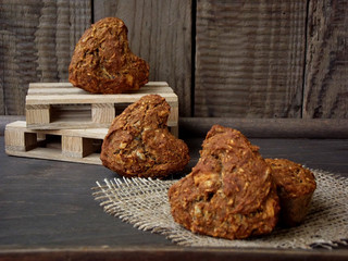 wholegrain muffins in the form of heart. Selective focus