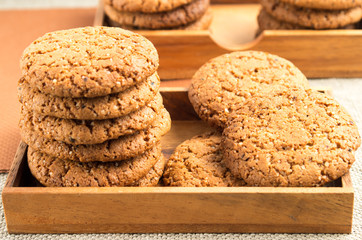 Close-up view on oat biscuits in wooden boxes