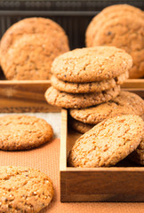 Group of oatmeal cookies on the wooden tray
