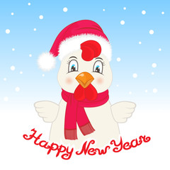 Greeting card with a rooster in a Santa Claus hat and a scarf. Hand inscription Happy New Year