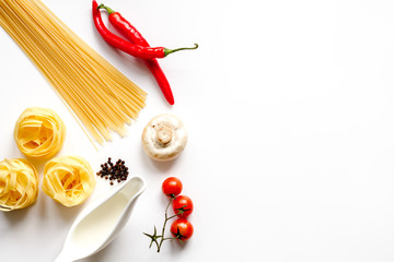 ingredients for cooking paste white background top view mock up