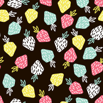 Modern fruit seamless pattern. Background with strawberry. Great for kids fabric, textile, etc. Vector Illustration