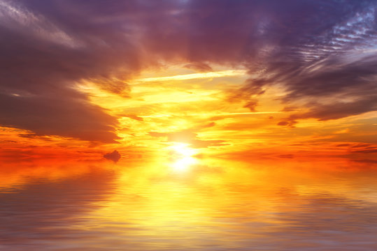 Amazing colorful sea sunset landscape with fantactic colors in the sky and reflection in the water. Beauty world natural outdoors travel background