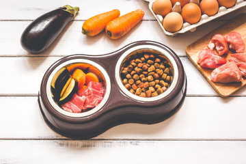 ingredients for pet food natural on wooden background