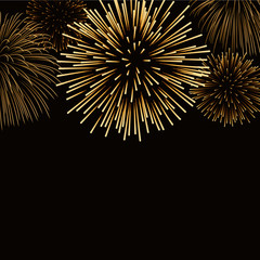 Fototapeta premium Firework gold bursting sparkle background card. Golden night fire, beautiful explosion for celebration, holiday, Christmas, New Year, birthday. Symbol festive, anniversary. Vector illustration