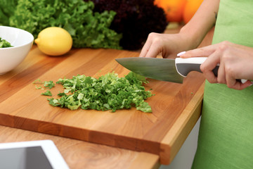 Closeup of woman hands cooking vegetables salad in kitchen. Healthy meal and vegetarian concept.