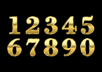 Gold numbers set. Golden metallic font, isolated on black background. Beautiful typography metal design for decoration. Symbol elegance royal graphic. Modern fashion signs. Vector illustration - 131337174