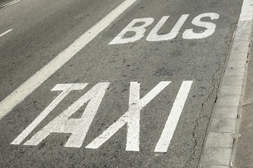 Detail of bus and taxi's exclusive road in Barcelona, Spain