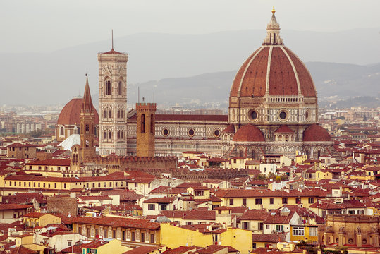 Duomo Santa Maria Del Fiore and Bargello view from Piazzale Michelangelo in Florence, Tuscany, Italy. Outdoor travel european background.