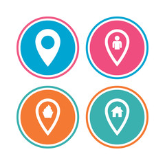 Map pointer icons. Home, food and user location.