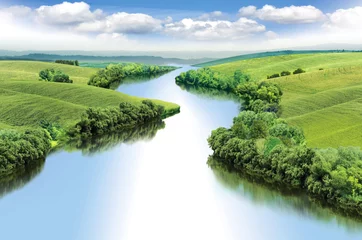 Fotobehang Zigzag river flows between summer valleys, color illustration © Jaros