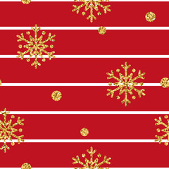 Christmas gold snowflake seamless pattern. Golden glitter snowflakes on red and white lines background. Winter snow texture wallpaper. Symbol holiday, New Year celebration Vector illustration