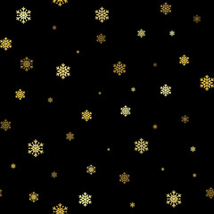 Christmas snowflake seamless pattern. Gold snow black background. Golden abstract wallpaper, wrapping texture. Symbol winter, Merry Xmas holiday, Happy New Year celebration. Vector illustration