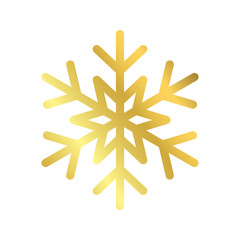Gold Christmas snowflake icon. Golden silhouette snow flake sign isolated on white background. Elegant design for card, greeting, decoration. Shine texture. Symbol of winter Vector illustration