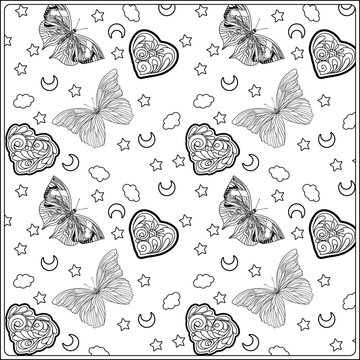 Pattern with traditional Japanese motifs, butterflies and love h