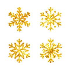 Gold Christmas snowflakes icons set. Golden fire silhouette snow flake sign isolated white background. Design card, decoration. Symbol winter, New Year holiday celebration Vector illustration