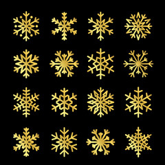 Gold Christmas snowflakes set icons. Golden silhouette snow flake sign isolated on black background. Elegant design card, greeting, decoration. Shine texture. Symbol of winter Vector illustration