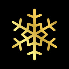 Gold Christmas snowflake icon. Golden silhouette snow flake sign isolated on black background. Elegant design for card, greeting, decoration. Shine texture. Symbol of winter Vector illustration
