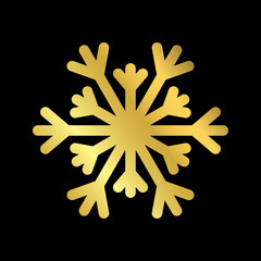 Gold Christmas snowflake icon. Golden silhouette snow flake sign isolated on black background. Elegant design for card, greeting, decoration. Shine texture. Symbol of winter Vector illustration