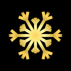 Gold Christmas snowflake icon. Golden silhouette snow flake sign isolated on black background. Elegant design for card, decoration. Symbol winter, New Year holiday celebration Vector illustration