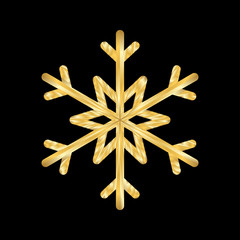 Gold Christmas snowflake icon. Golden silhouette snow flake sign isolated on black background. Elegant design for card, greeting, decoration. Shine texture. Symbol of winter Vector illustration