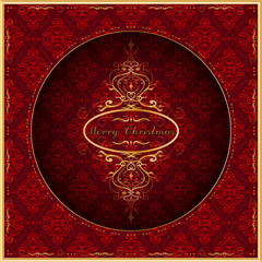 Beautiful Merry Christmas greeting card in red. Vector. Luxury gold vector.