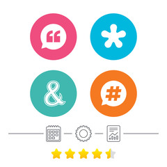 Quote, asterisk footnote icons. Hashtag symbol.