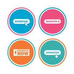 Register with hand pointer icon. Mouse cursor.