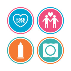 Condom safe sex icons. Lovers Gay couple sign.