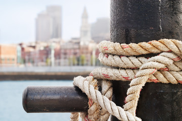Boston Waterfront from Charlestown - Heavy ropes secure a ship on the Charlestown side of Boston Harbor