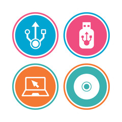 Usb flash drive icons. Notebook or Laptop pc.